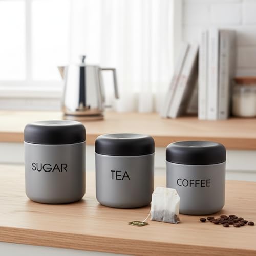 Premium Tea Sugar Coffee Canister Set of 3, Modern Grey Colour with Black Lids, Stainless Steel Matte Storage Jars, Ideal for Gifting, Dishwasher Safe